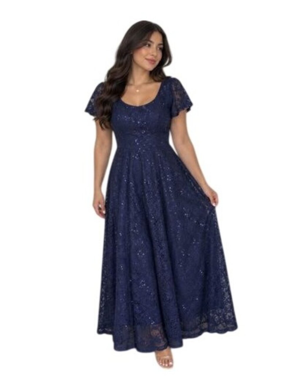 Dressystar Womens Navy Blue Lace Sequin Midi Dress With Short Sleeves Tags Size
